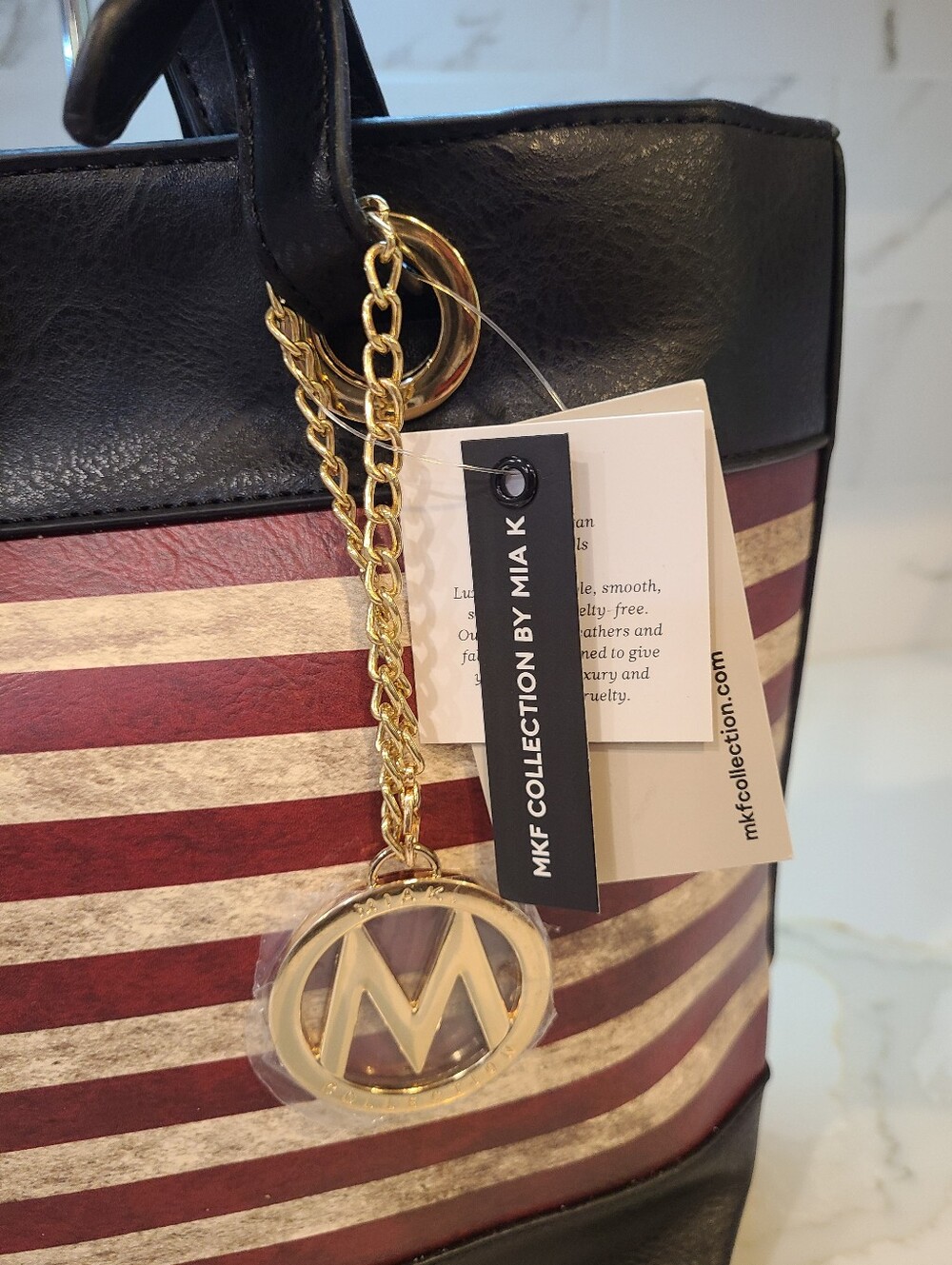 American Flag Tote Bag with Gold Charm - Black / Red / Cream - Picture 3 of 10